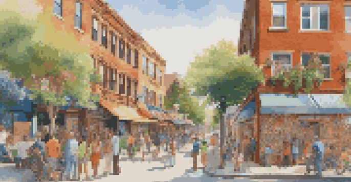 A colorful mural on a city wall celebrating diverse cultures, with local residents interacting with the artwork in a lively urban street.