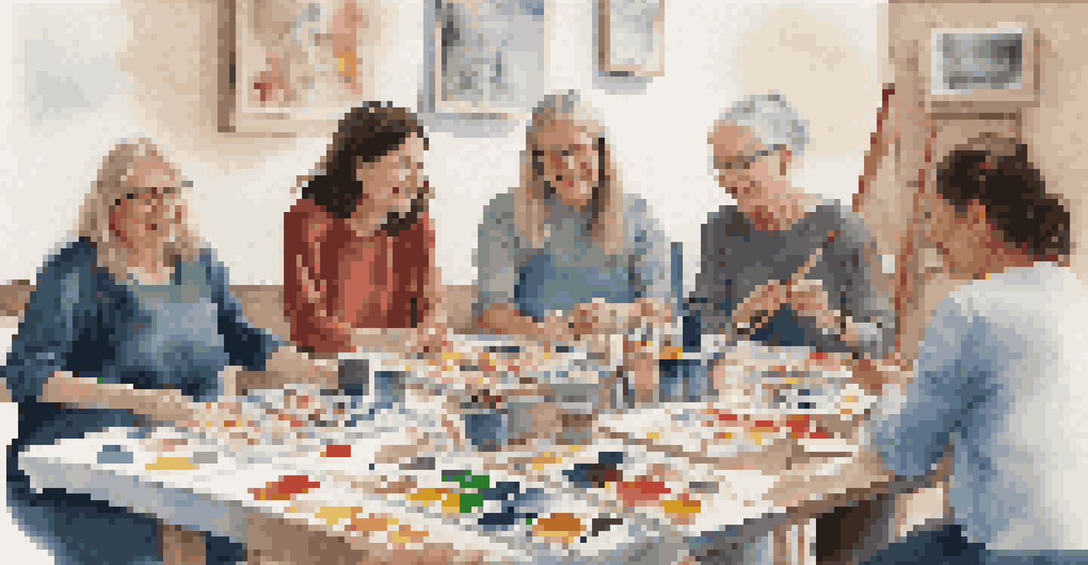 Caregivers engaging in a group art activity, smiling and collaborating around a table filled with art supplies.