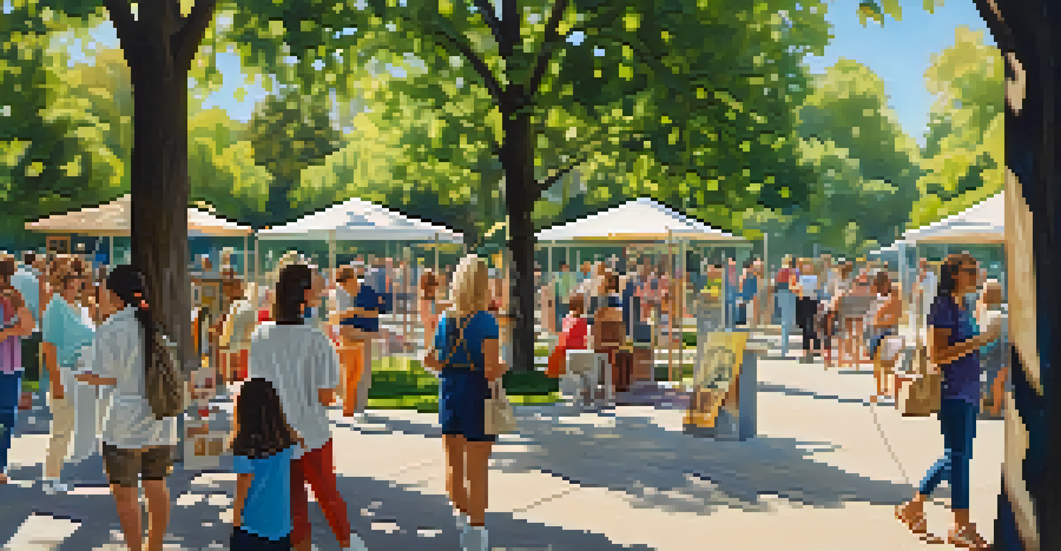 An outdoor art exhibition showcasing installations by women artists, with attendees exploring the artworks in a sunny park.