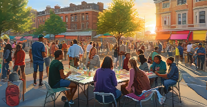 A vibrant urban scene at sunset with diverse people engaging in conversation and art-making in a public square, surrounded by colorful murals.