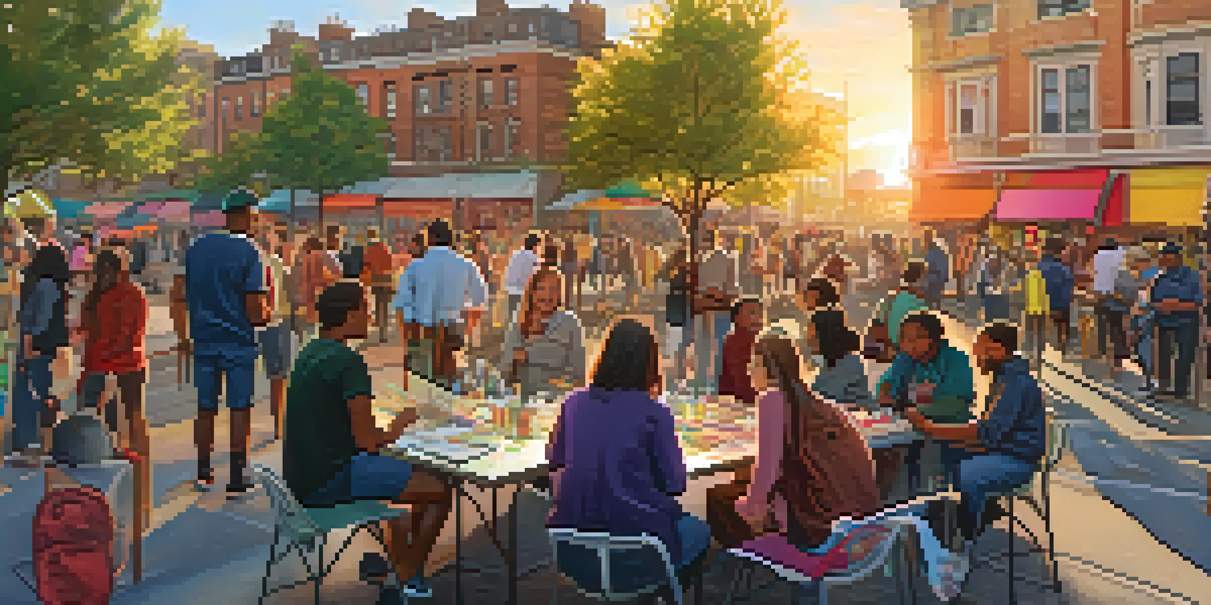 A vibrant urban scene at sunset with diverse people engaging in conversation and art-making in a public square, surrounded by colorful murals.