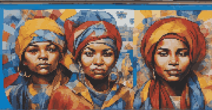 A colorful mural on a city wall showcasing diverse faces representing resistance and community spirit under sunlight.