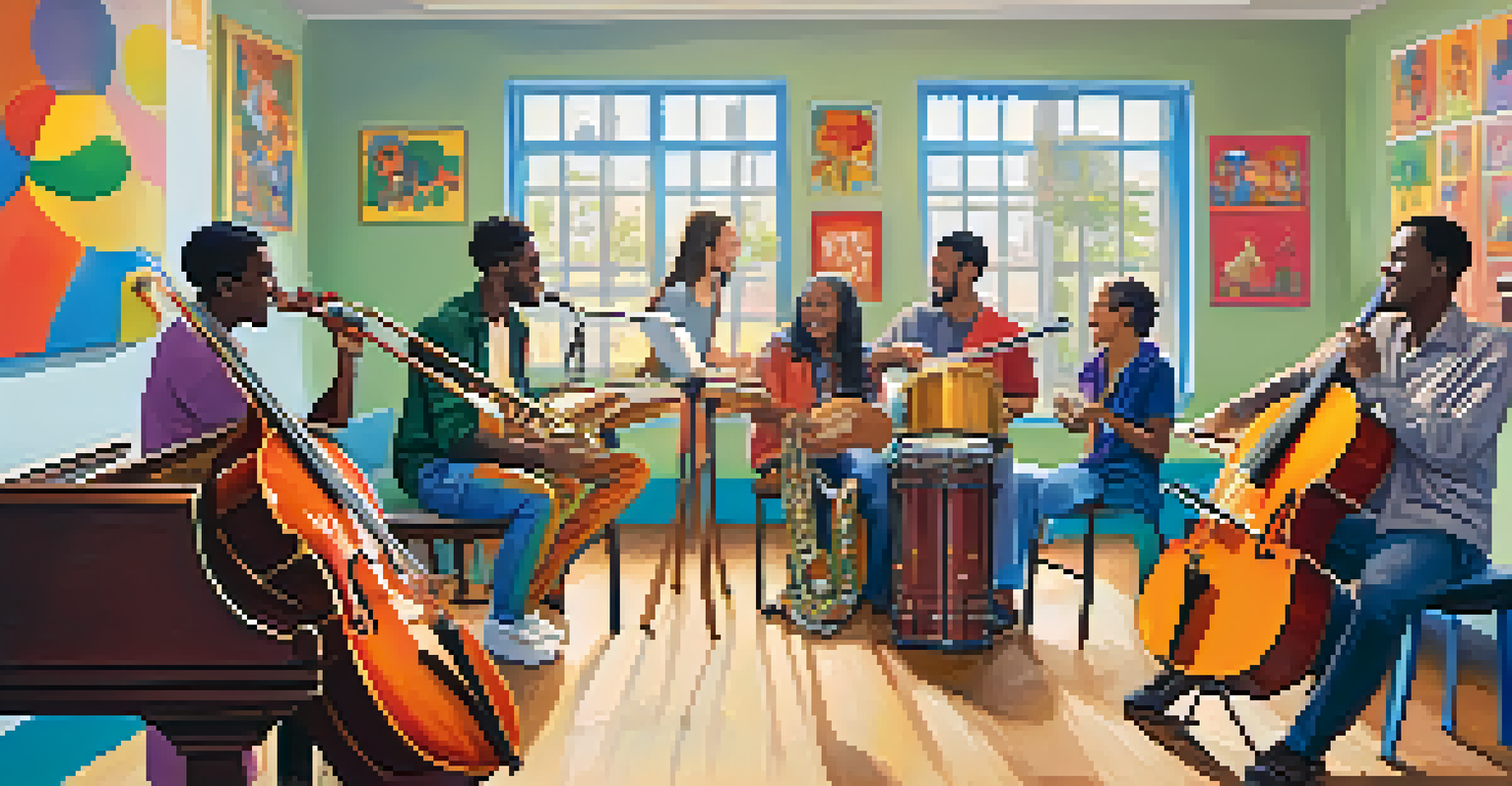 A lively group of people engaging in a music therapy session, playing instruments and smiling in a colorful room.