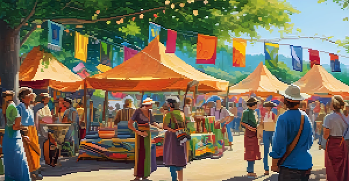 An outdoor folk art festival filled with artisans showcasing their crafts, surrounded by greenery and colorful banners.
