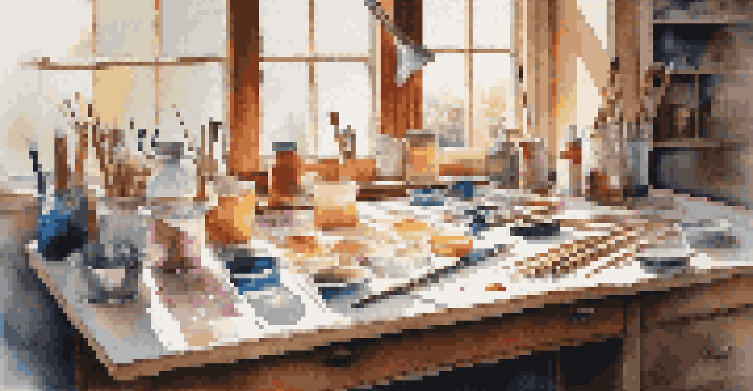 An organized artist's workspace featuring tools and materials for resin art, including epoxy resin, color pigments, and mixing cups in natural light.