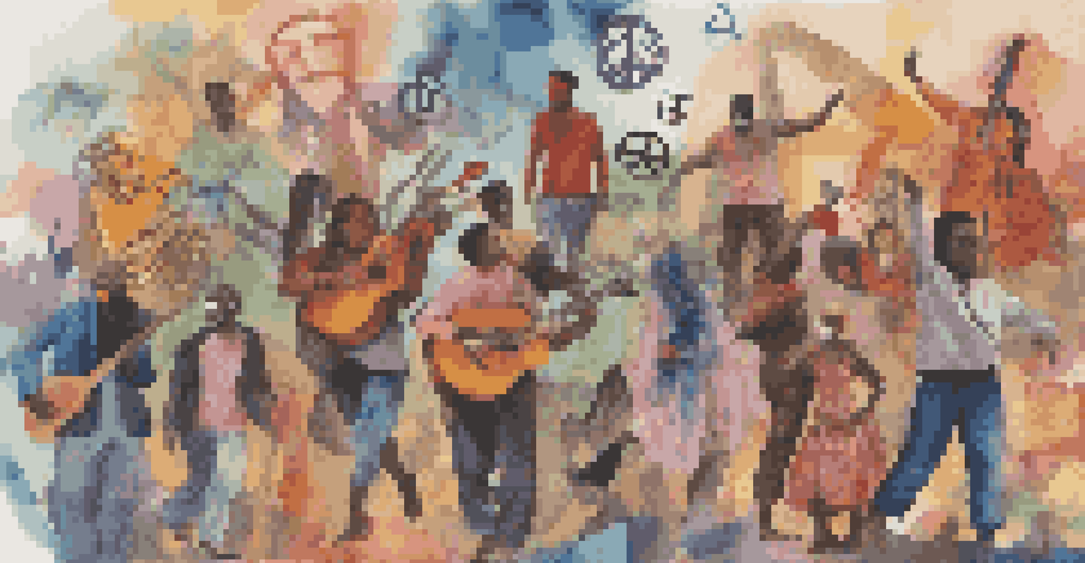 A collage of different artistic expressions intertwined with symbols of activism, representing the connection between art and social change.