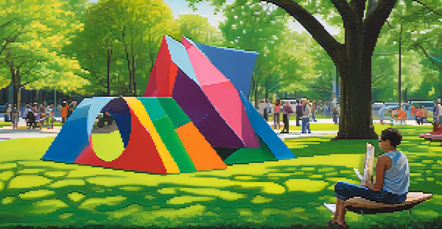 A peaceful park scene with a collaborative artwork installation of colorful sculptures inspired by different cultures, surrounded by people.