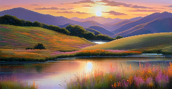 A beautiful sunset over rolling hills and a lake, with colorful wildflowers in the foreground.
