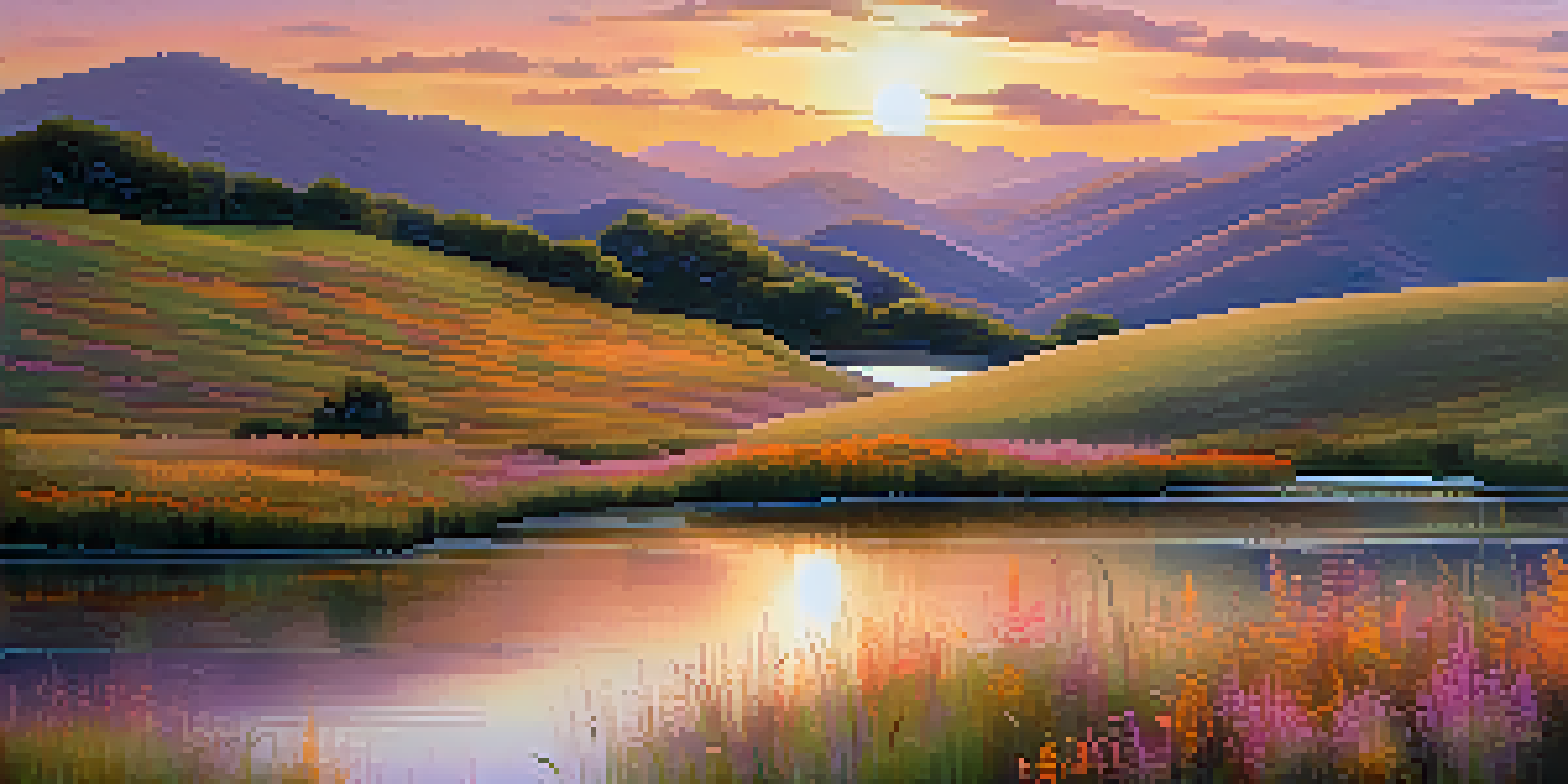 A beautiful sunset over rolling hills and a lake, with colorful wildflowers in the foreground.