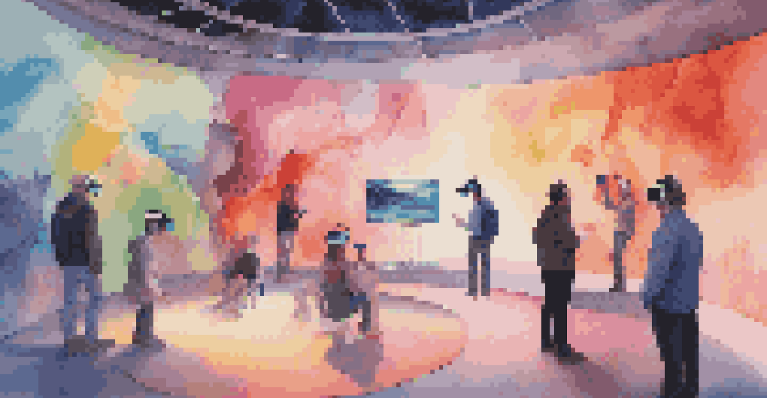 Artists collaborating on a dynamic sculpture in a vibrant virtual reality exhibition.