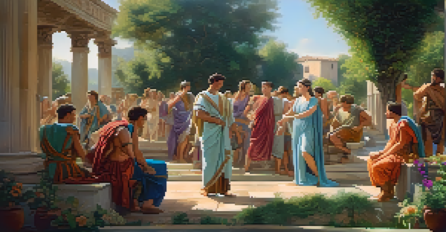 A colorful fresco showing Roman men and women in elegant attire amidst greenery and flowers.