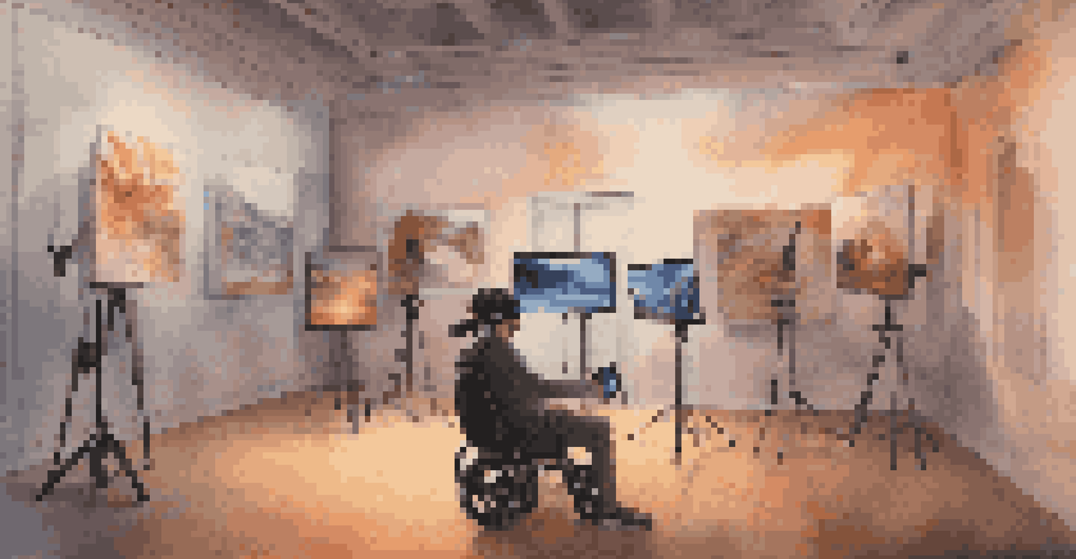 A person using virtual reality to explore a digital art gallery, with a headset and controllers in hand, surrounded by a cozy room with warm lighting.