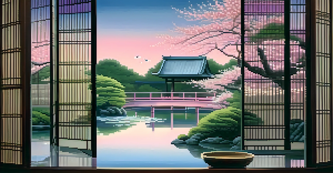 A peaceful Japanese garden with a koi pond and cherry blossoms, illuminated by soft twilight light filtering through shoji screens.