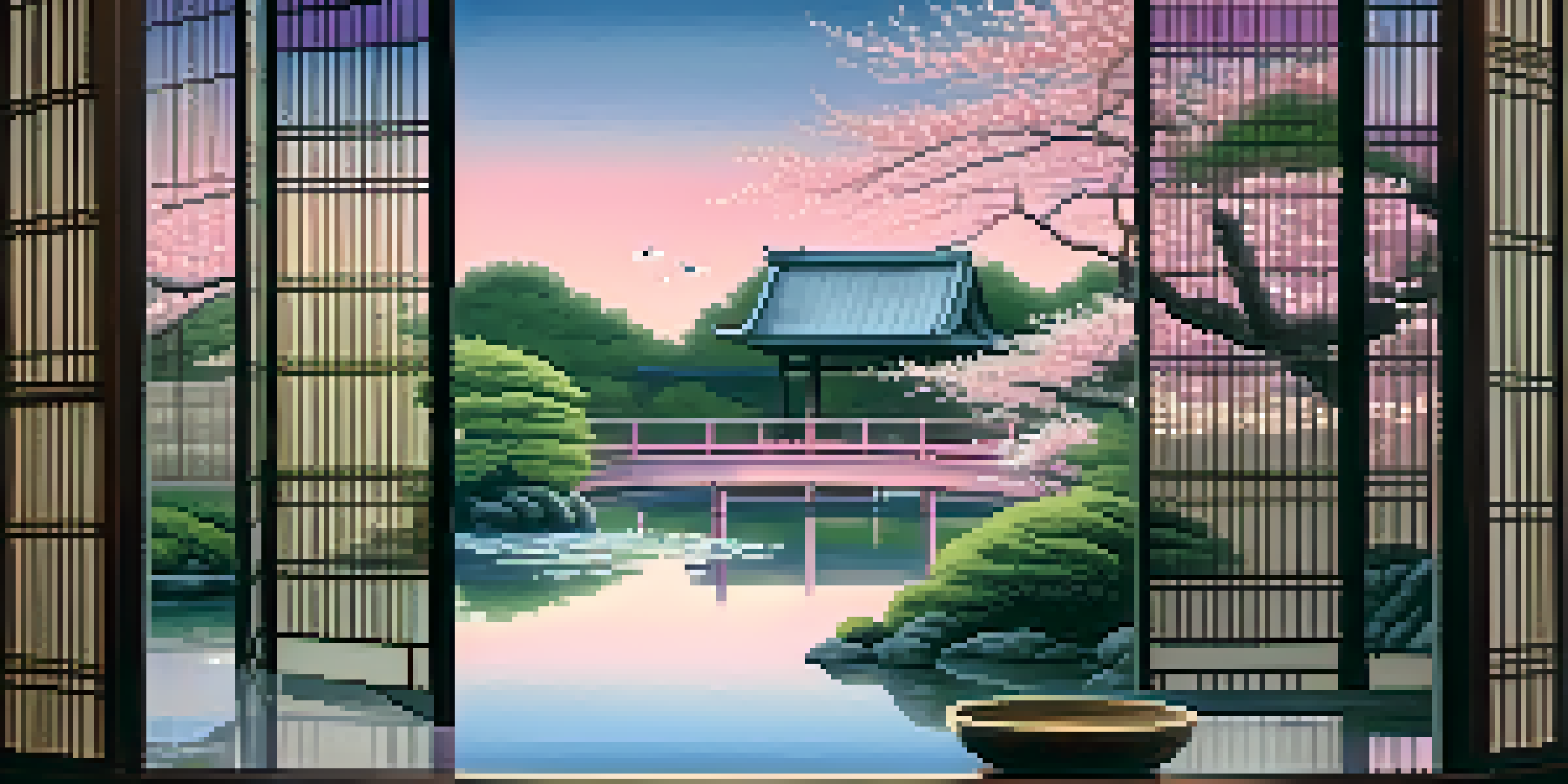 A peaceful Japanese garden with a koi pond and cherry blossoms, illuminated by soft twilight light filtering through shoji screens.