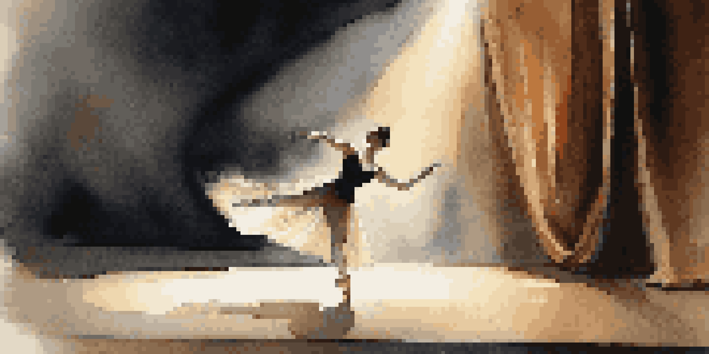 A theater stage with a spotlight on a dancer, surrounded by darkness and long shadows.