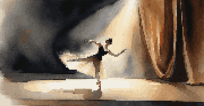 A theater stage with a spotlight on a dancer, surrounded by darkness and long shadows.