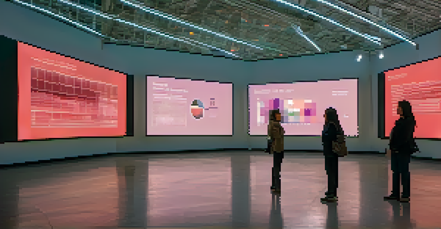 An installation art piece displaying statistics on gender equality, with interactive screens and dim lighting that enhances the urgency of the topic.