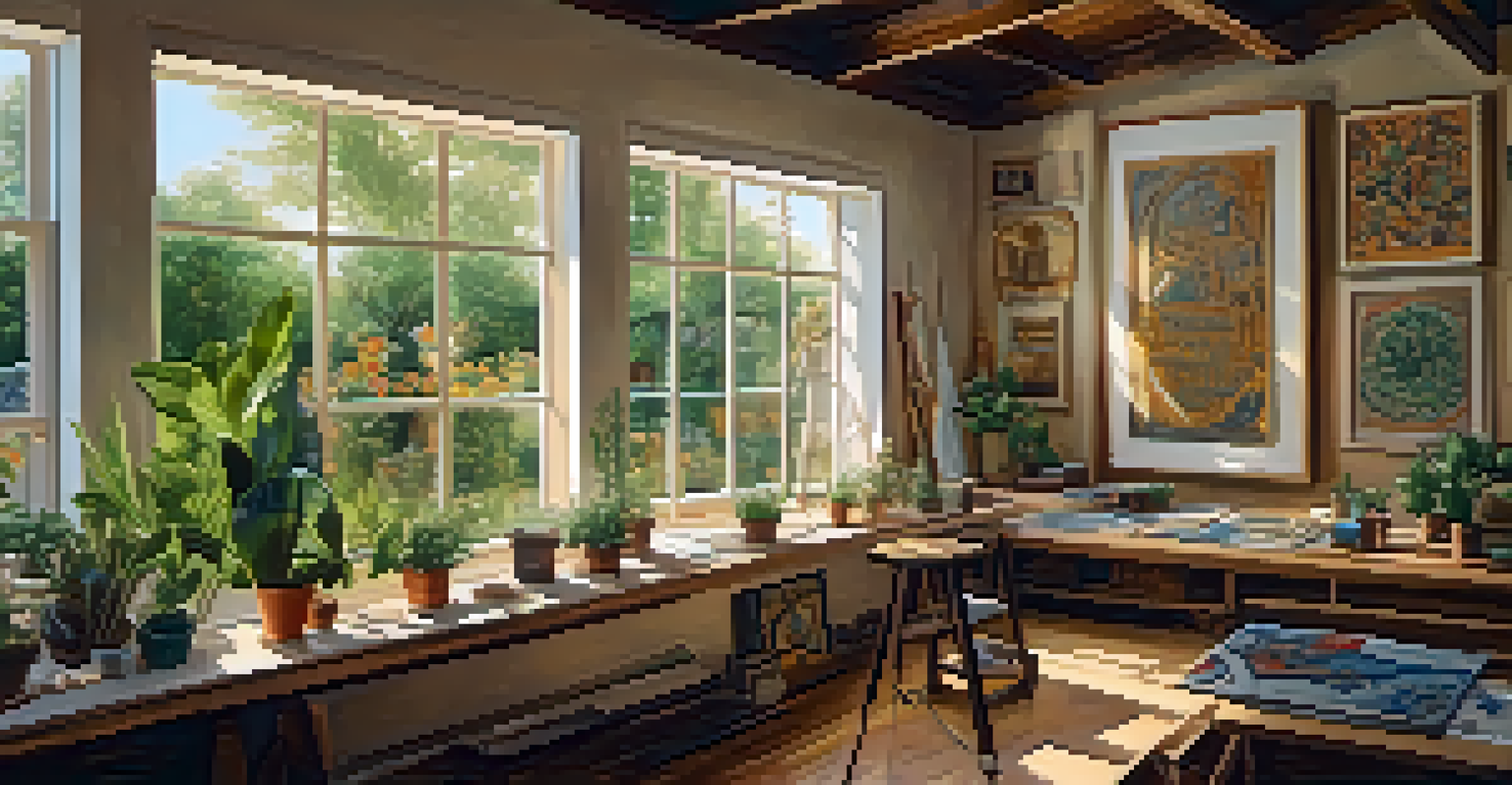 An artist in a studio surrounded by various cultural art pieces, painting a canvas with traditional and modern styles.