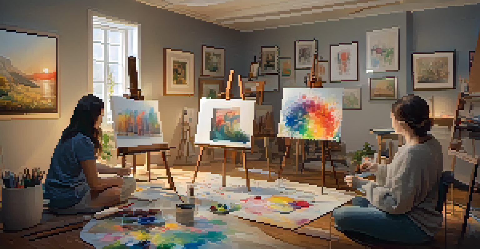 A cozy art therapy session with participants engaged in creative activities and soft lighting.