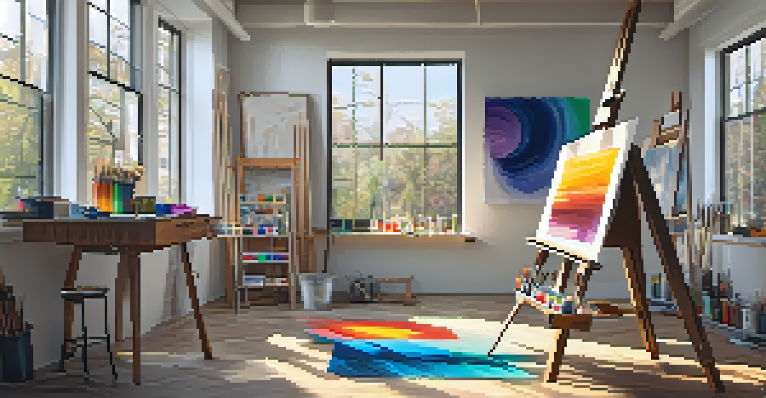 An art studio filled with colorful art supplies and a canvas, illuminated by soft natural light, creating a peaceful and creative atmosphere.