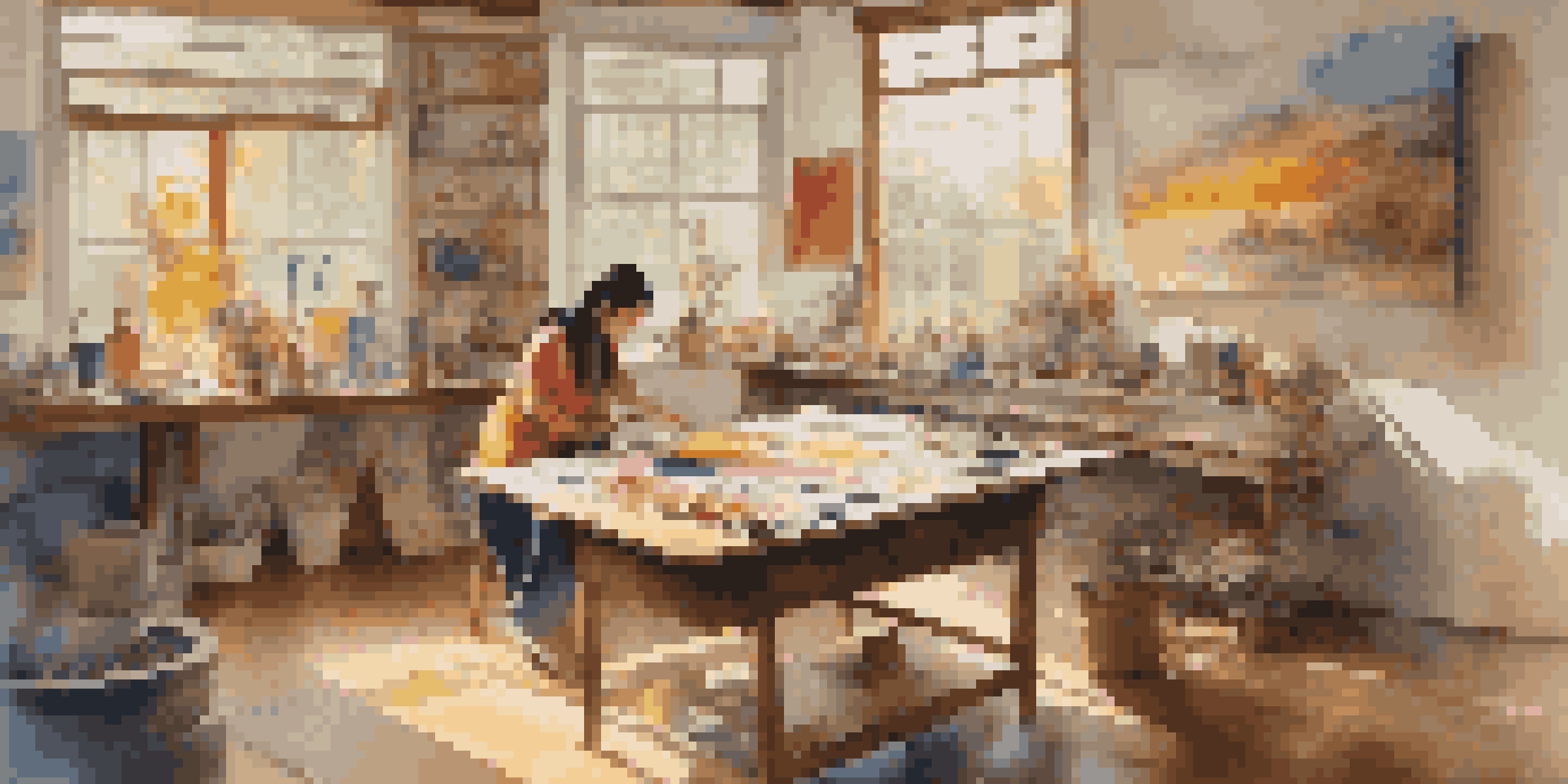 A woman artist in her studio, painting a colorful childhood memory on a canvas, with brushes and paints around her.