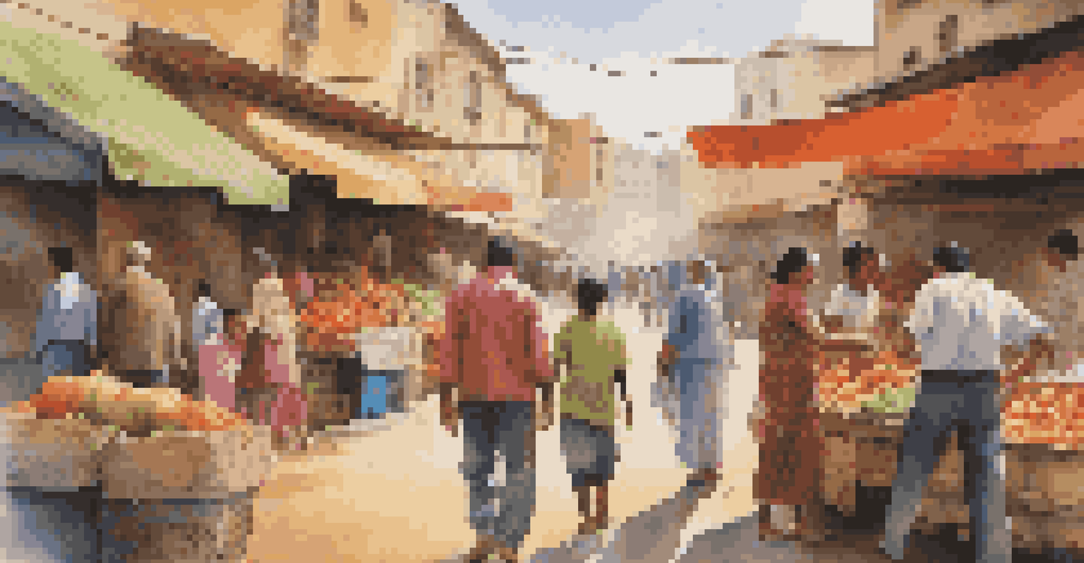 A photograph of a migrant family working in a bustling marketplace, showcasing their daily life and determination.