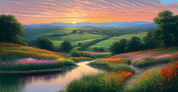 A peaceful rural landscape during sunset with colorful wildflowers and a calm pond reflecting the sky.