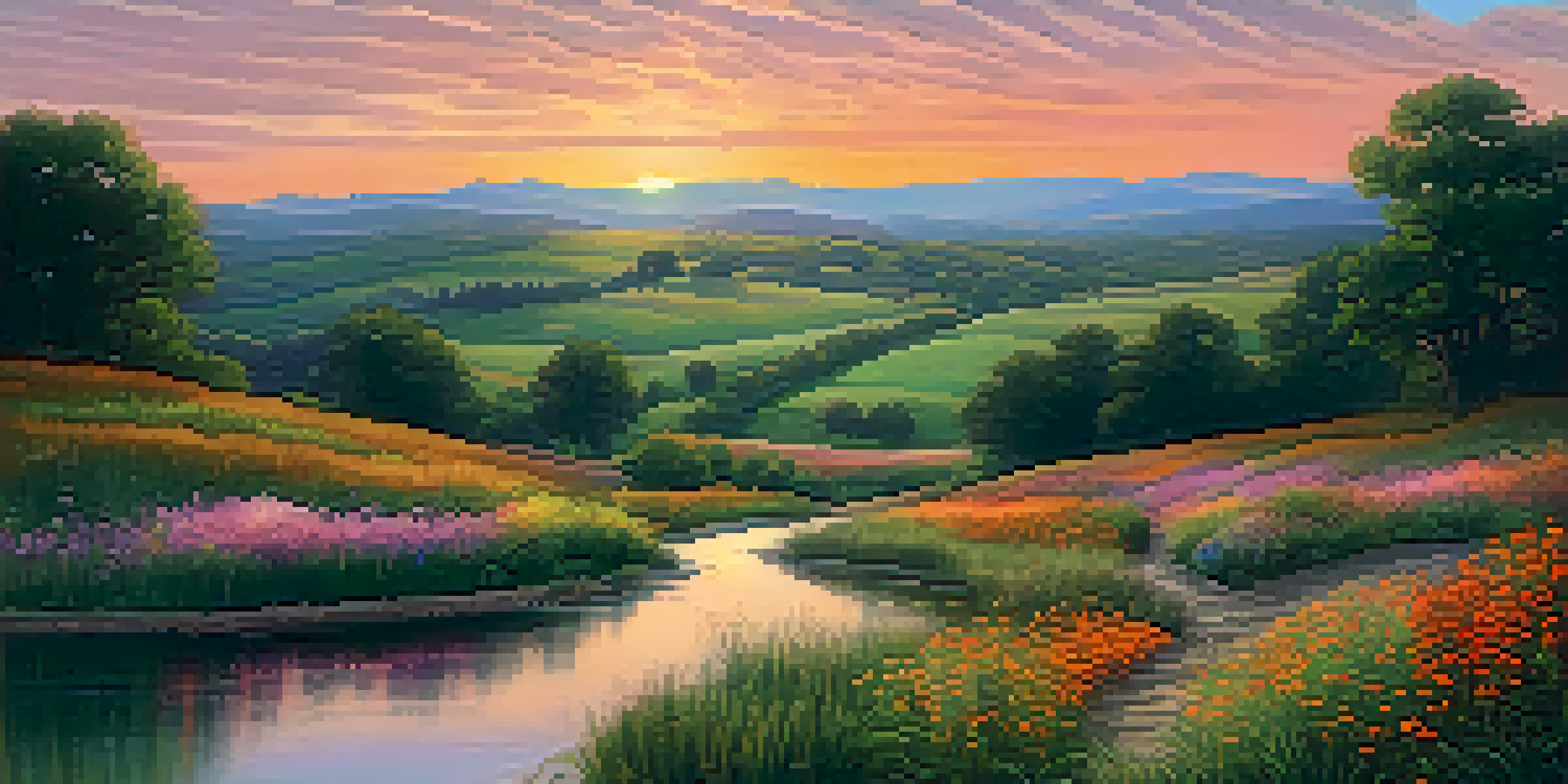 A peaceful rural landscape during sunset with colorful wildflowers and a calm pond reflecting the sky.