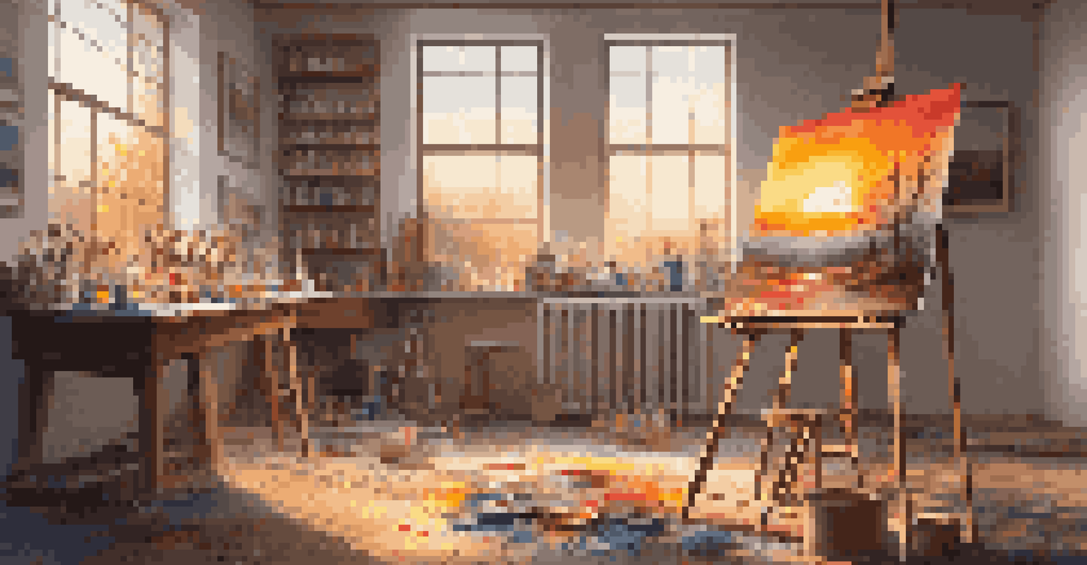 An artist's studio with colorful paint splatters, a canvas on an easel, and natural light streaming through a window.