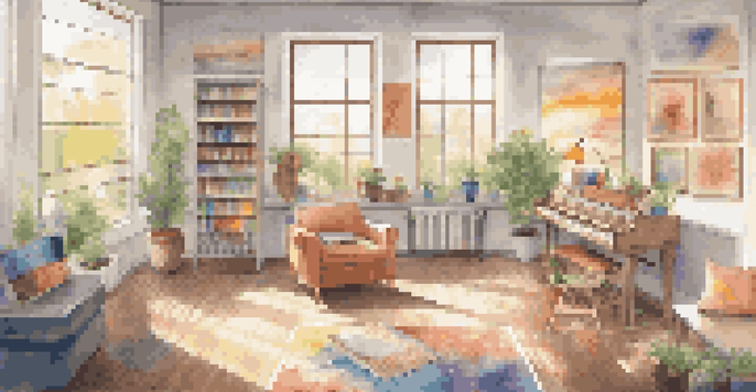 A bright art therapy room filled with art supplies and cozy seating, designed for creative expression.