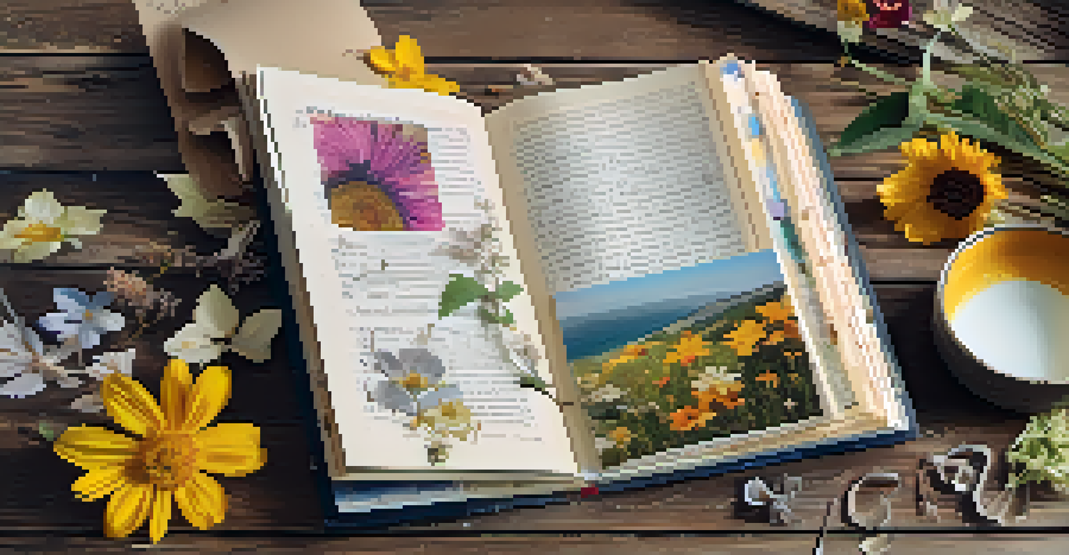 An open scrapbook with photographs, poems, and pressed flowers on a wooden table, illuminated by sunlight.