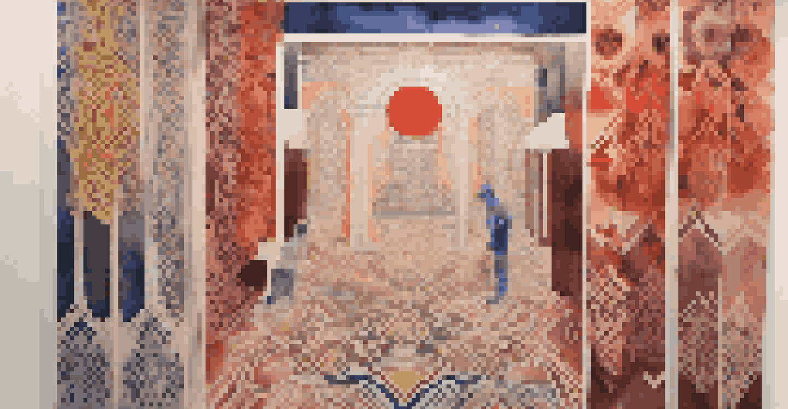 A split art installation showcasing traditional patterns on one side and modern abstract art on the other, with dynamic lighting enhancing the contrast.