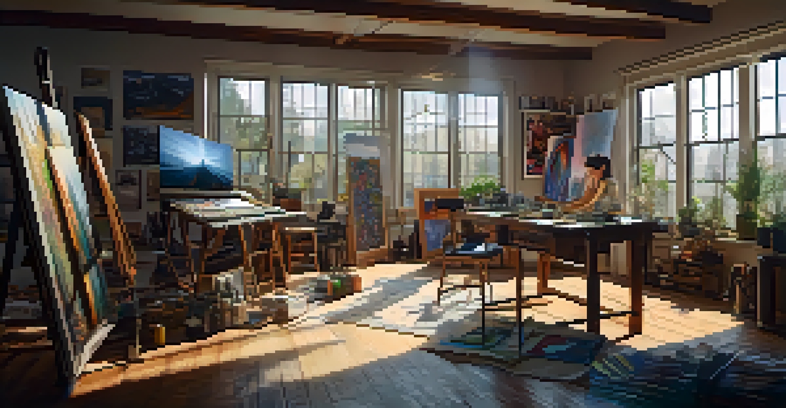 An artist's studio with digital tools and canvases, bathed in natural light, featuring an artist at work.