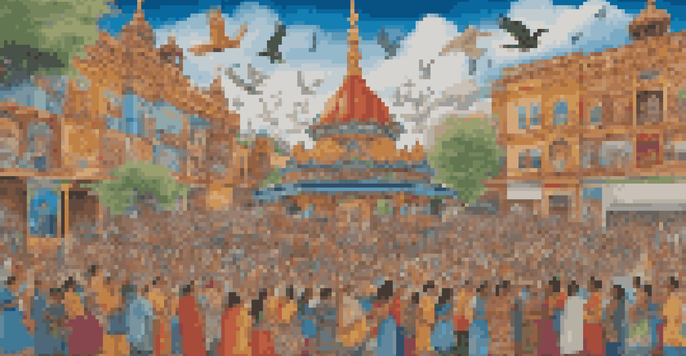 A colorful mural showing diverse people painting together, with symbols of peace and unity.