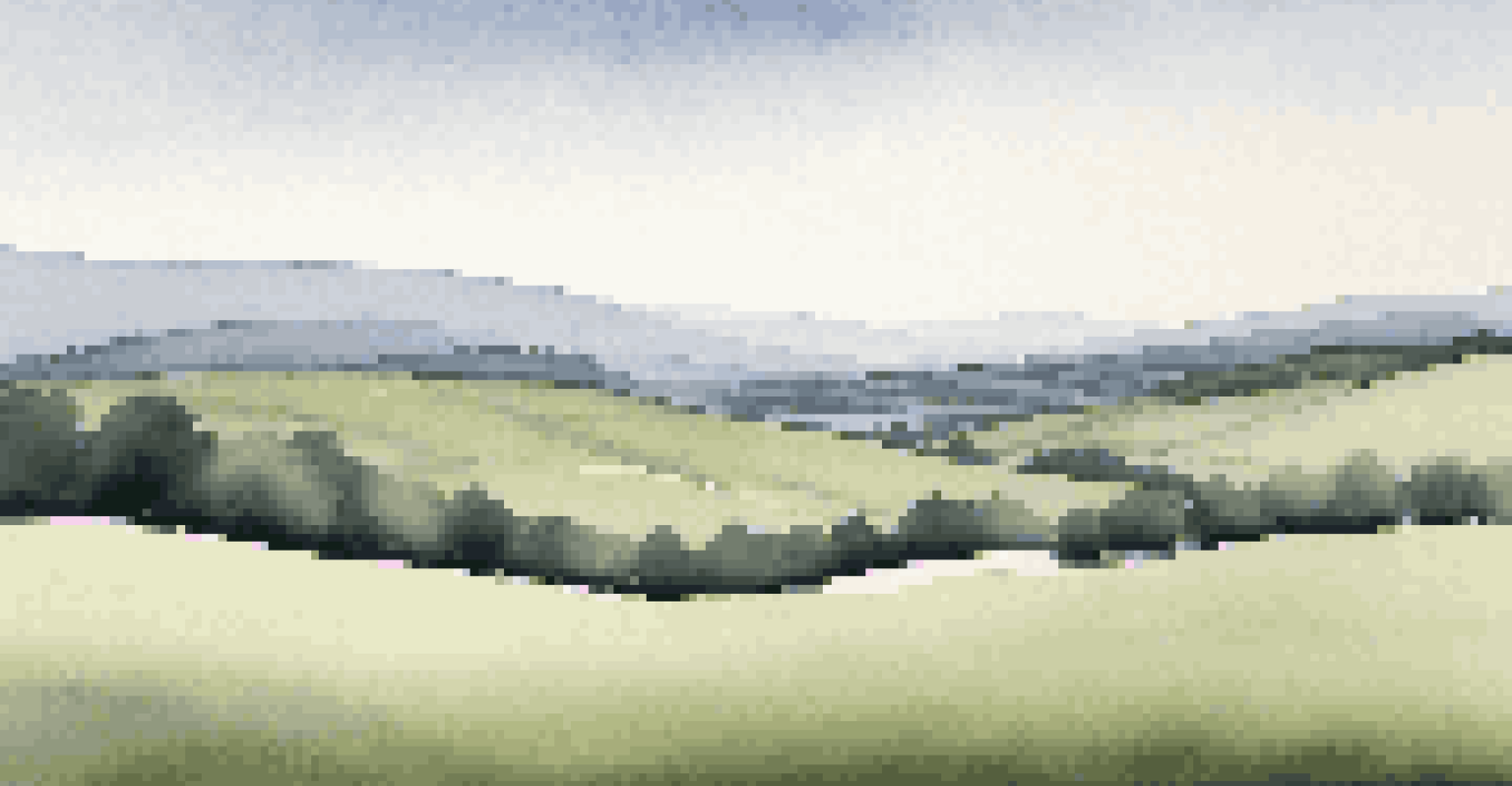 A simple landscape painting featuring hills and a sky in a monochromatic color palette.
