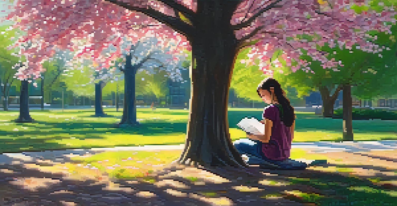 A student sketching in a park, surrounded by blooming trees and flowers under soft sunlight.