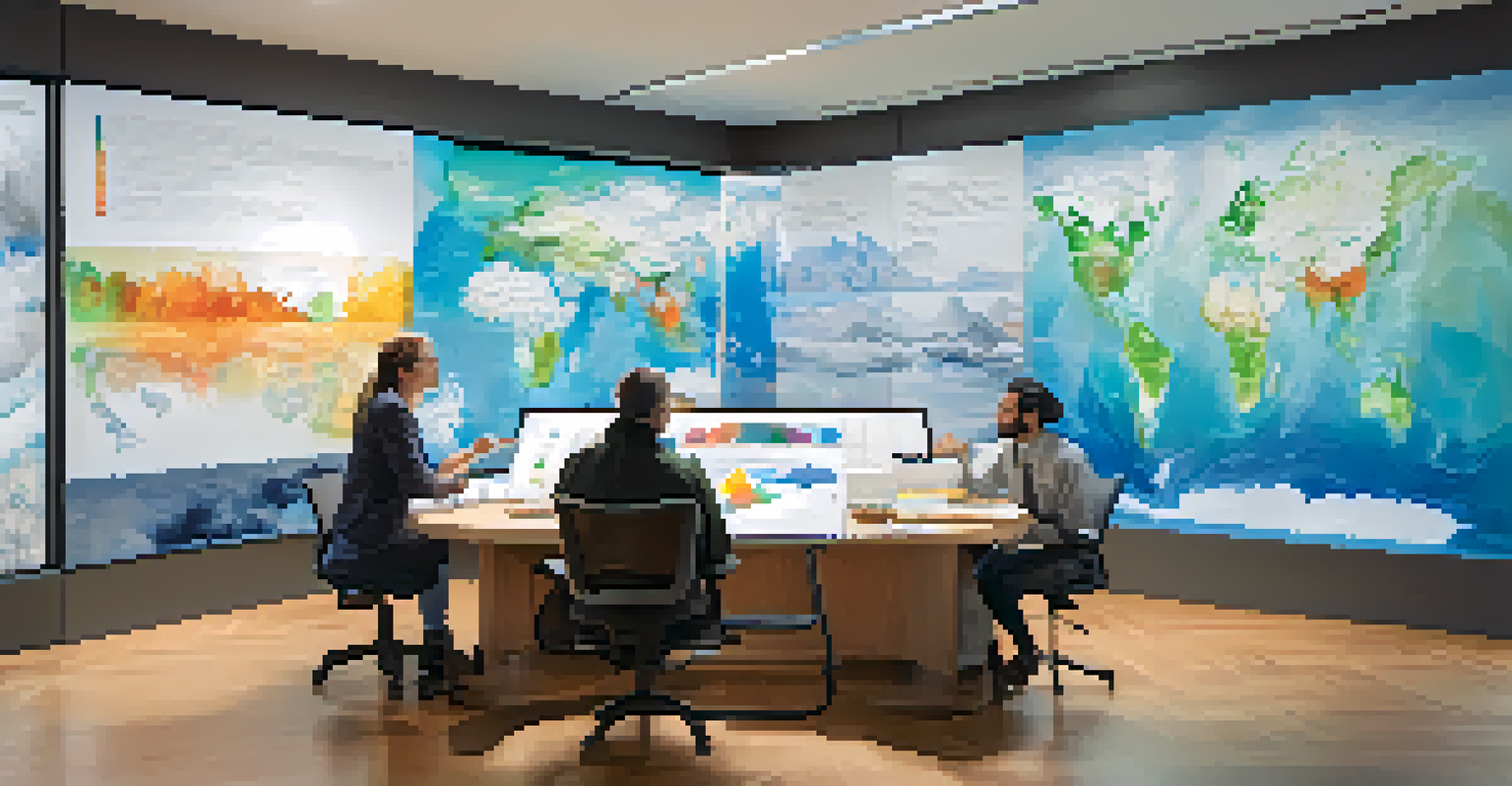 An artist and a scientist collaborating in a studio, surrounded by climate data visuals and paintings depicting melting polar ice caps.