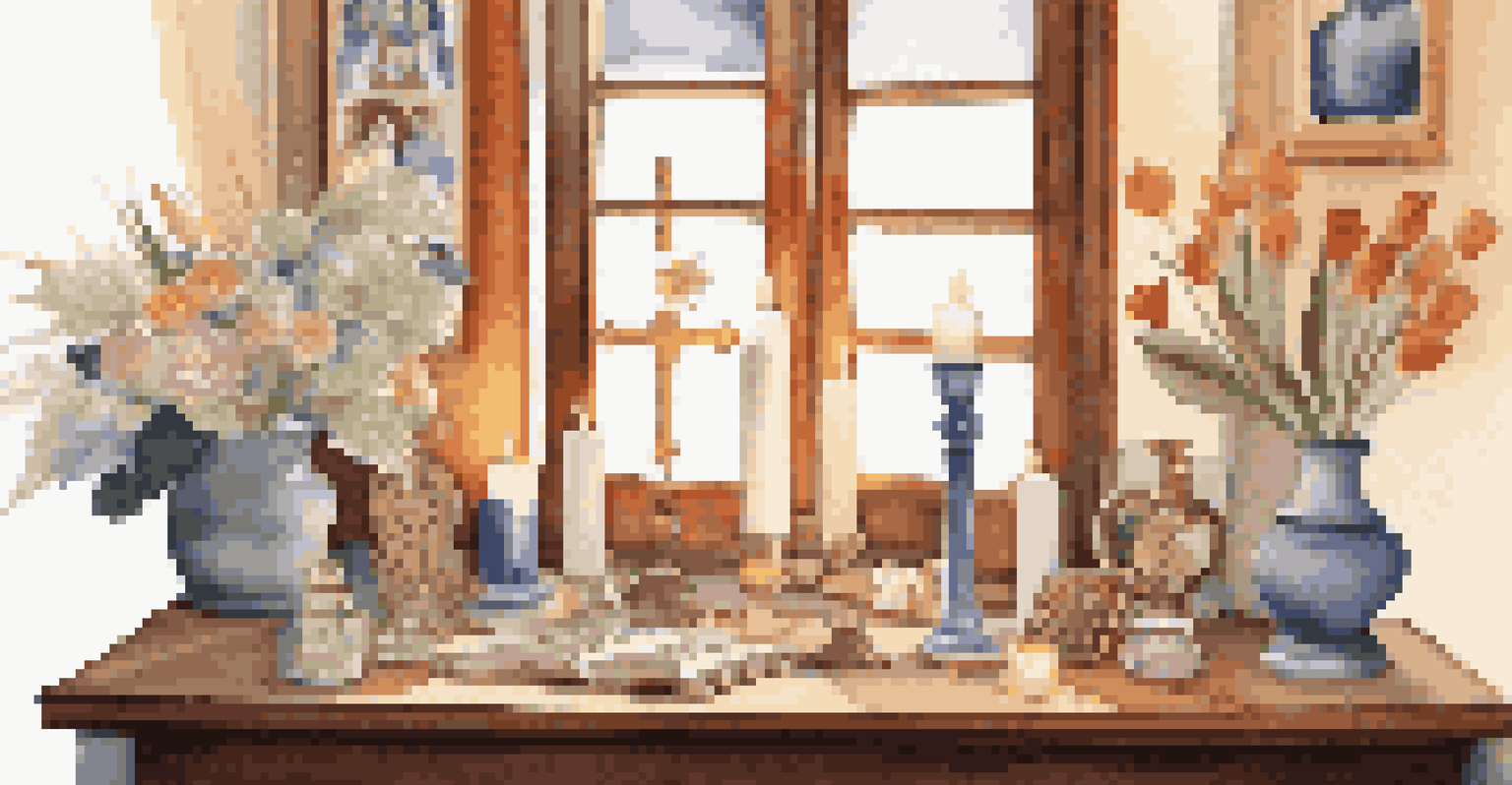 A cozy home altar displaying a collection of modern icons, candles, and flowers in a softly lit setting for personal prayer.