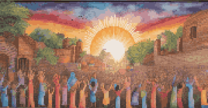 A colorful mural illustrating a scene of peace with people holding hands, colorful patterns, and a rising sun in the background.