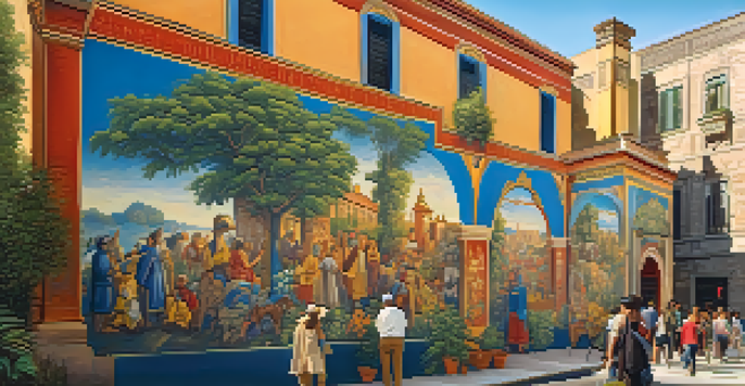 A colorful mural on a city wall illustrating historical figures and events, surrounded by plants, with warm afternoon light illuminating the scene.