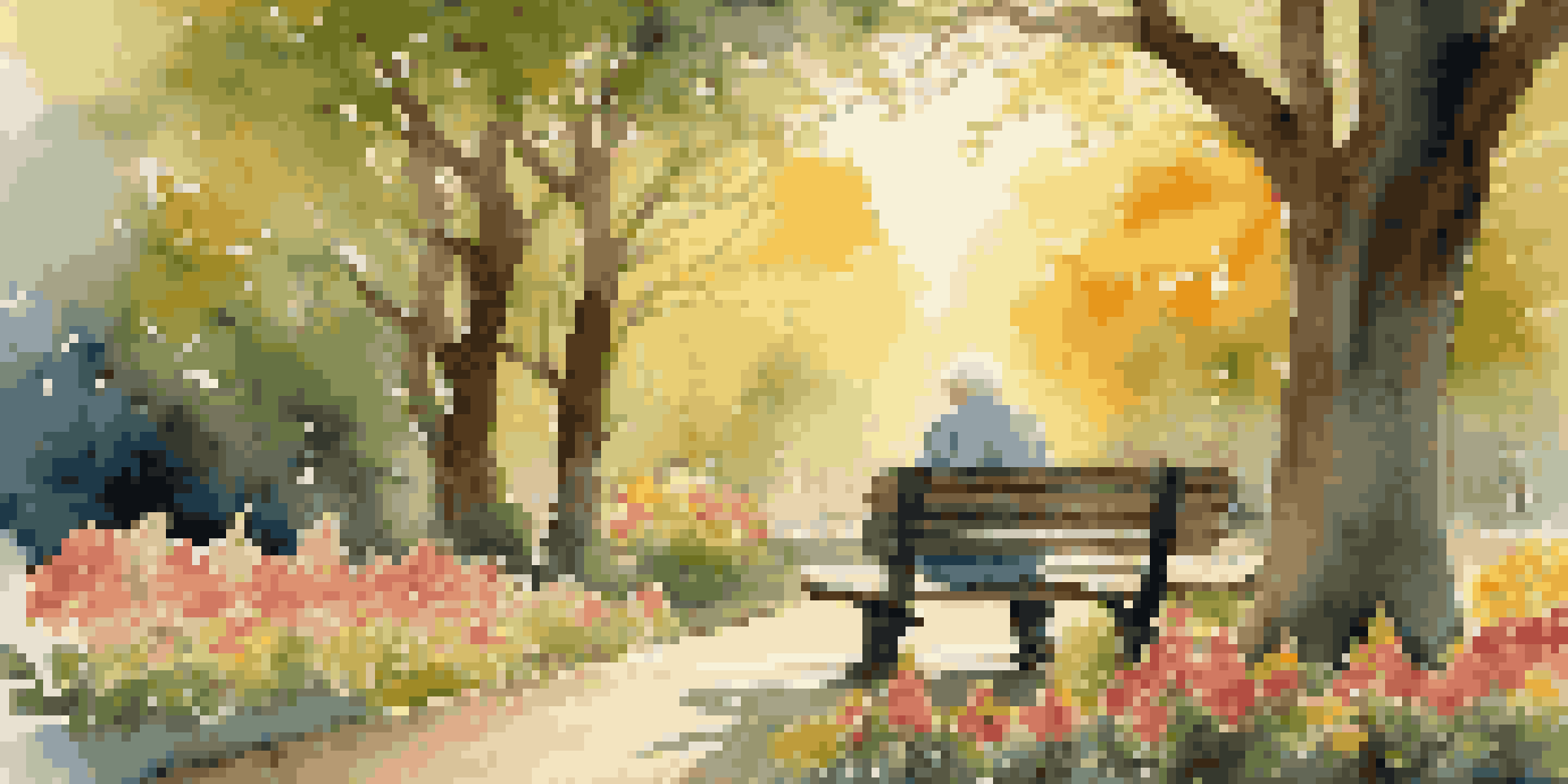 An elderly person sitting on a bench in a park, surrounded by flowers and trees, with a sunset in the background.