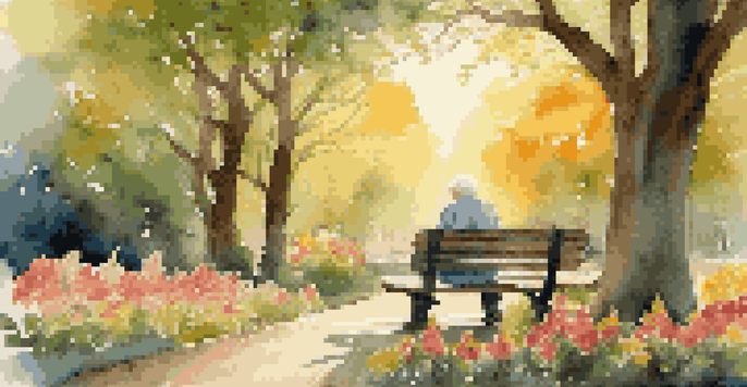 An elderly person sitting on a bench in a park, surrounded by flowers and trees, with a sunset in the background.