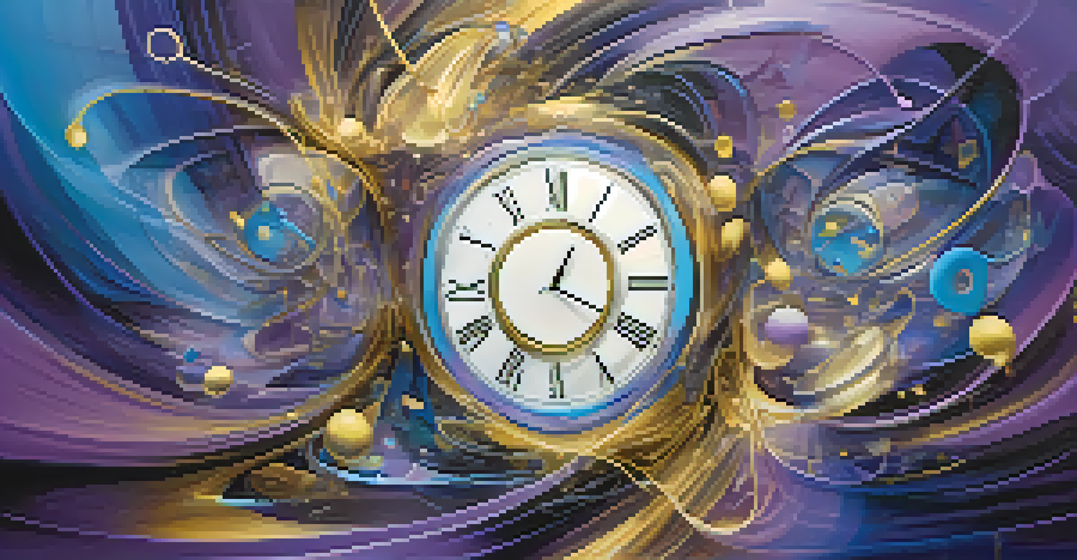 An abstract digital artwork illustrating fluid time with translucent clocks and vibrant swirling colors.