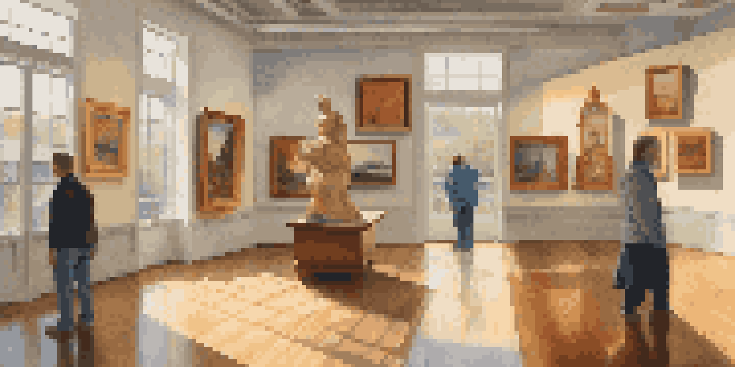 A serene art gallery with a collector admiring a landscape painting, surrounded by colorful artworks and natural light.