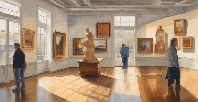 A serene art gallery with a collector admiring a landscape painting, surrounded by colorful artworks and natural light.