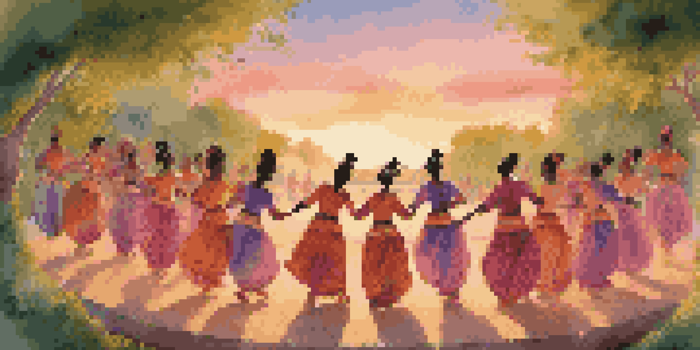 A group of diverse dancers in traditional attire performing in a circle surrounded by nature at sunset.