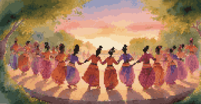 A group of diverse dancers in traditional attire performing in a circle surrounded by nature at sunset.