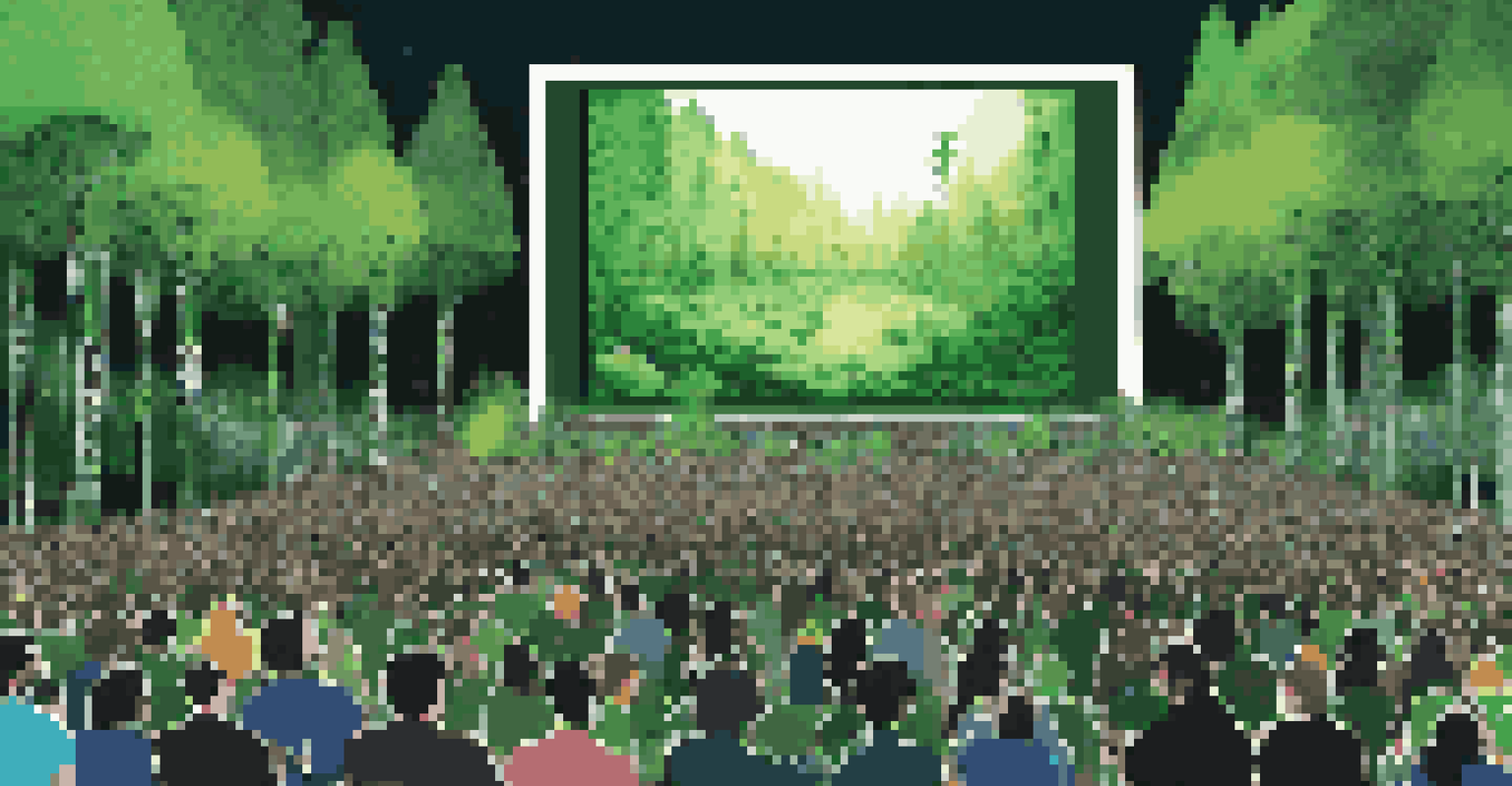 A digital art animation on a large screen showing environmental issues and urging action, with an audience gathered around it.