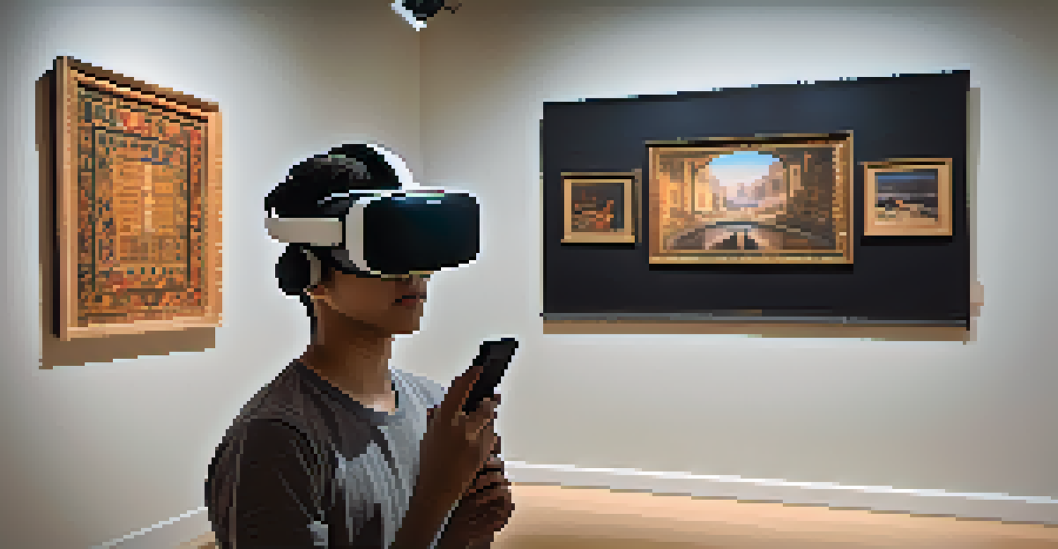 A student using a virtual reality headset to explore a digital art exhibit, with illuminated artworks from various cultures around them.