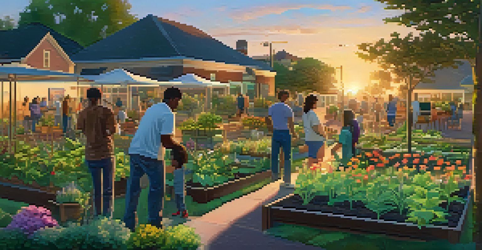 A community garden at sunset with residents planting and caring for flowers and vegetables, surrounded by colorful plants.